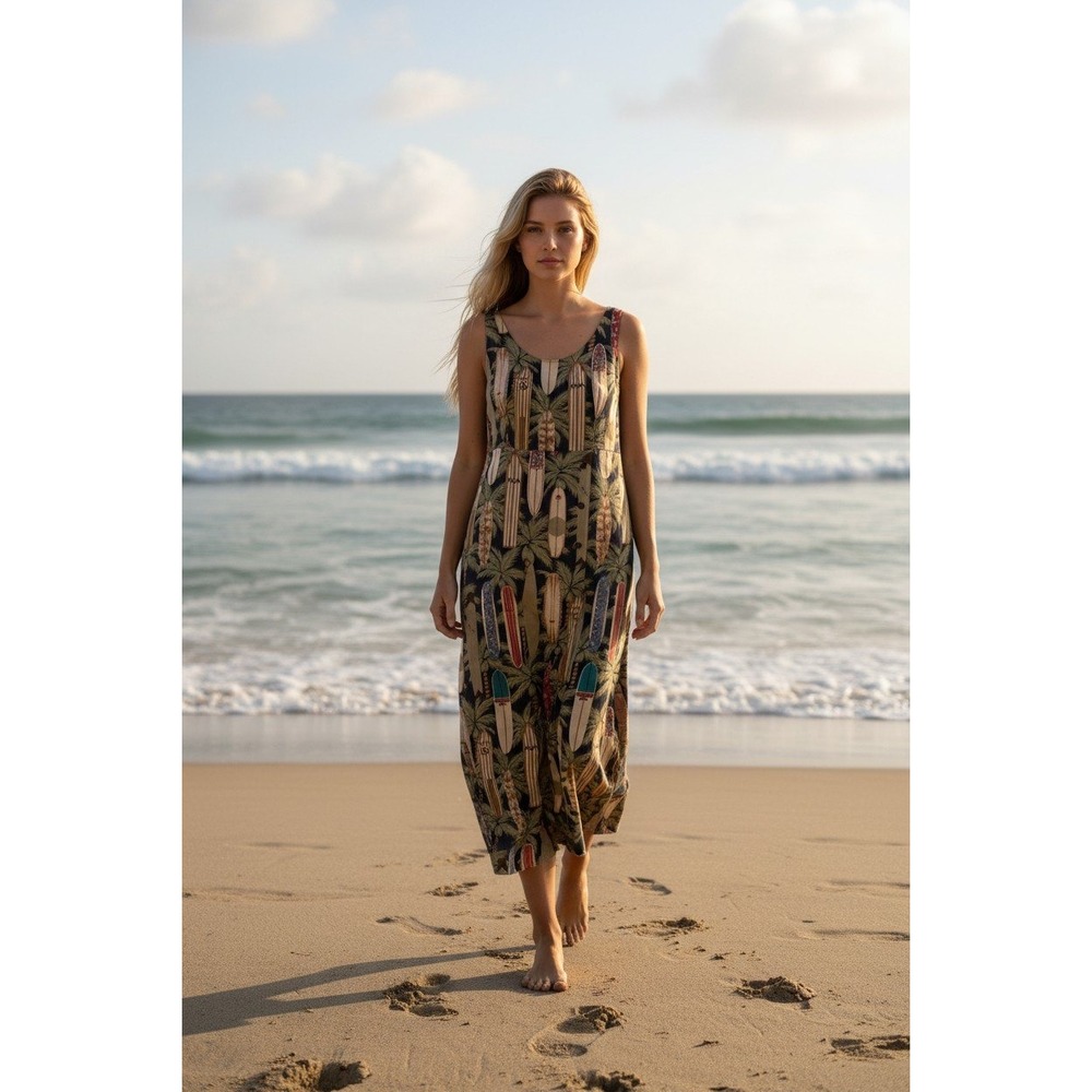 Reyn Spooner Womens XS Hawaiian Surfboard Palm Tree Rayon Maxi Dress Sleeveless